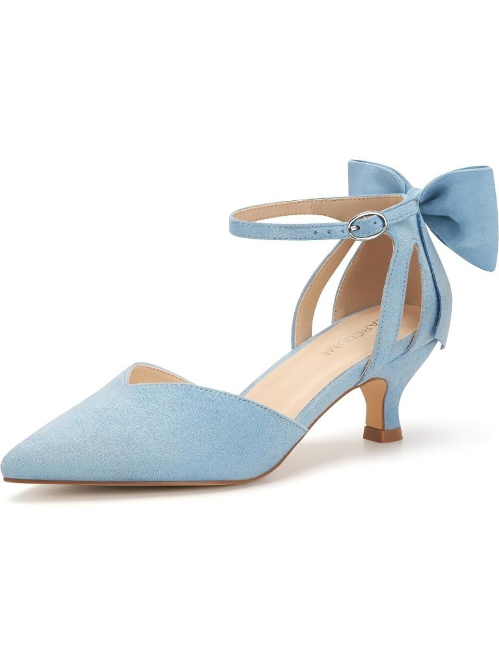 Women's Blue Leather Kitten Heels with Bow Closed Toe Ankle Strap Wedding Pump